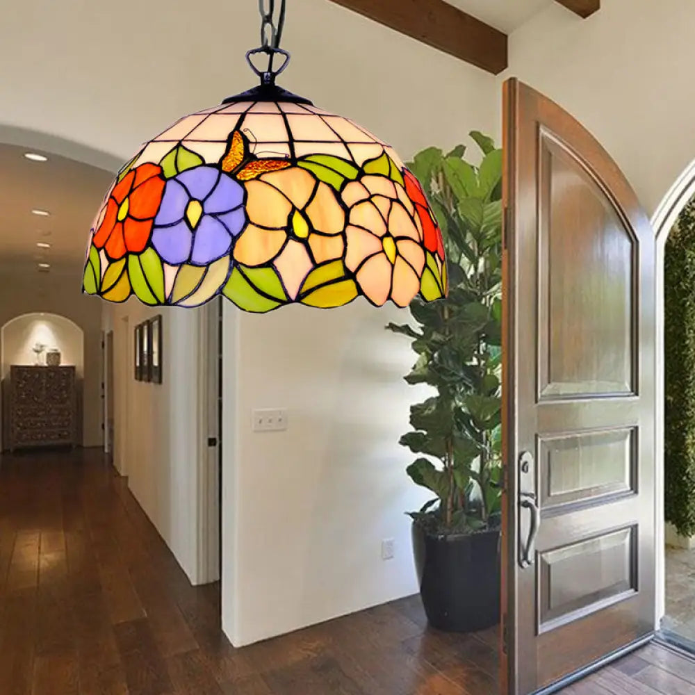 Tiffany-Style Black Stained Glass Hemisphere Ceiling Light With Down Lighting 12’/16’ Wide / 12’