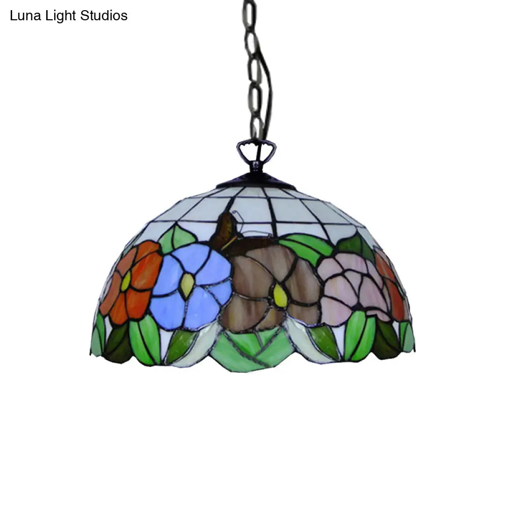 Tiffany-Style Black Stained Glass Hemisphere Ceiling Light With Down Lighting 12’/16’ Wide