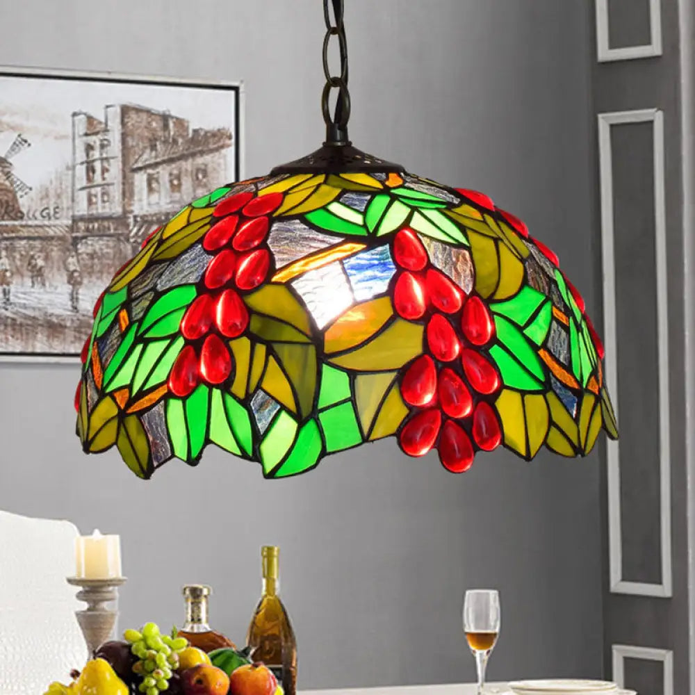 Tiffany-Style Black Stained Glass Pendant Light Fixture - 1 Head Leaf/Grape/Flower Down Lighting /