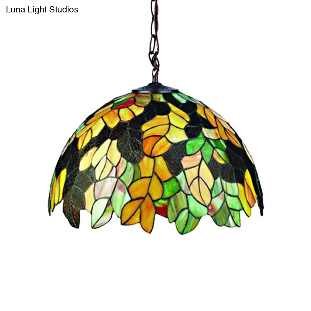 Tiffany-Style Black Stained Glass Pendant Light Fixture - 1 Head Leaf/Grape/Flower Down Lighting