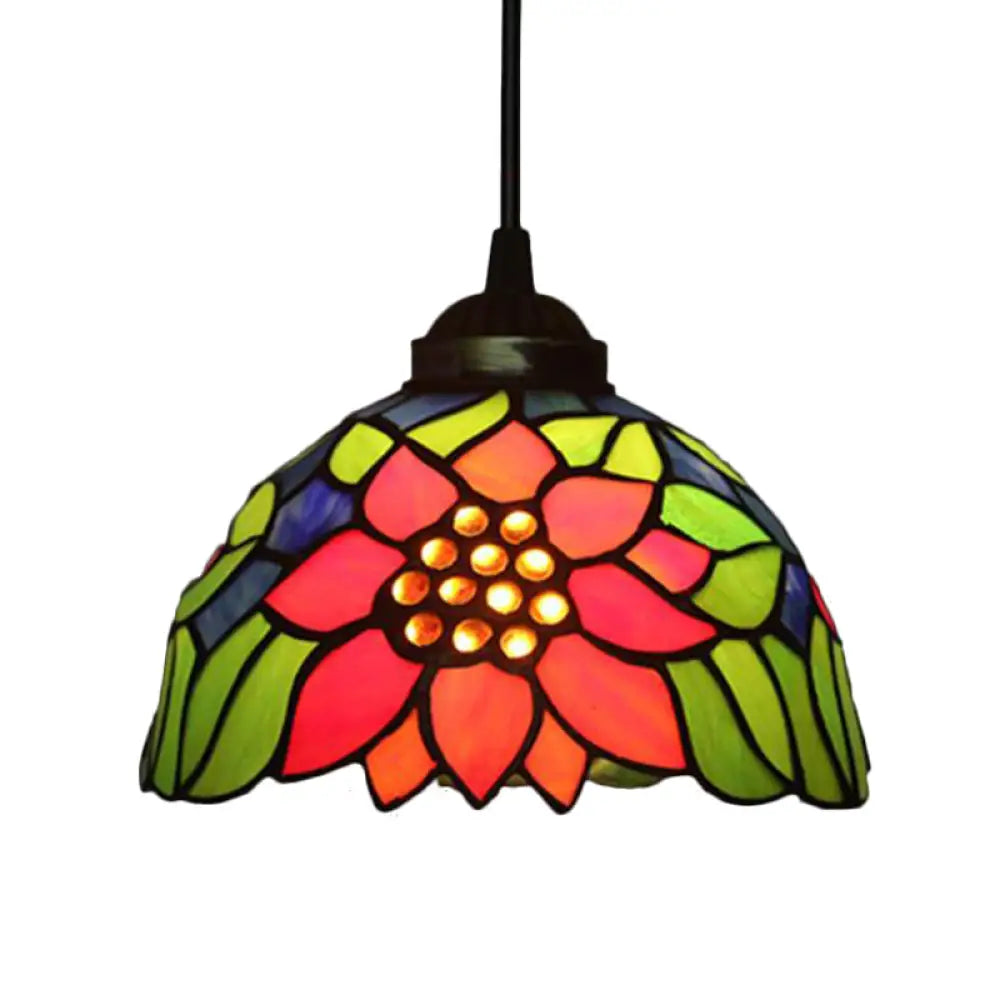 Tiffany Style Blossom Pendant Light Fixture Red/Pink/Green Cut Glass Bronze Down Lighting For