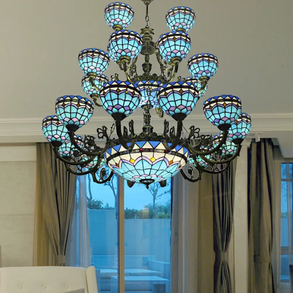 Tiffany Style Blue Chandelier With Floral And Domed Ceiling Light - Perfect For Dining Room Decor