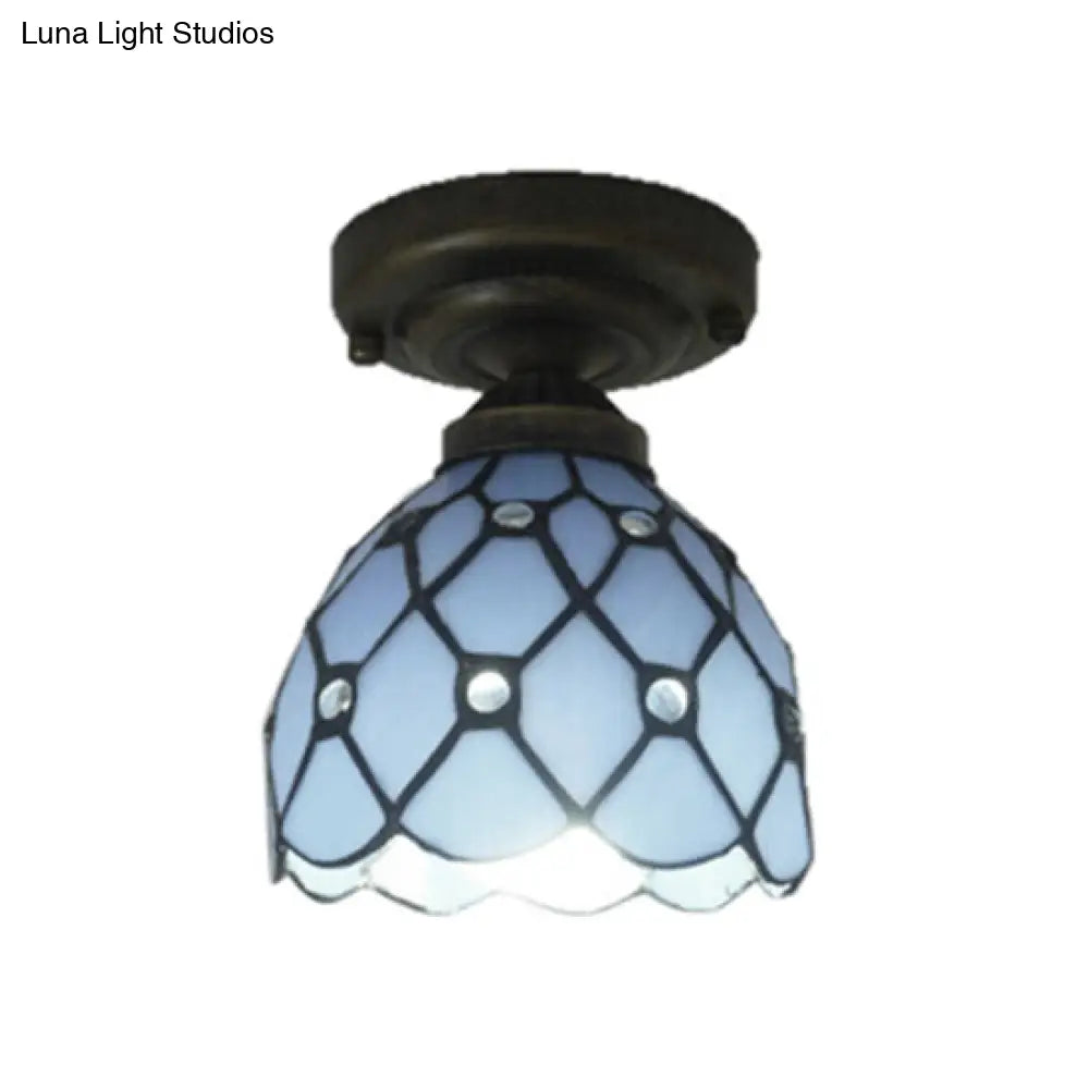 Tiffany Style Blue Glass Domed Ceiling Light For Study Room - Traditional Flush Mount