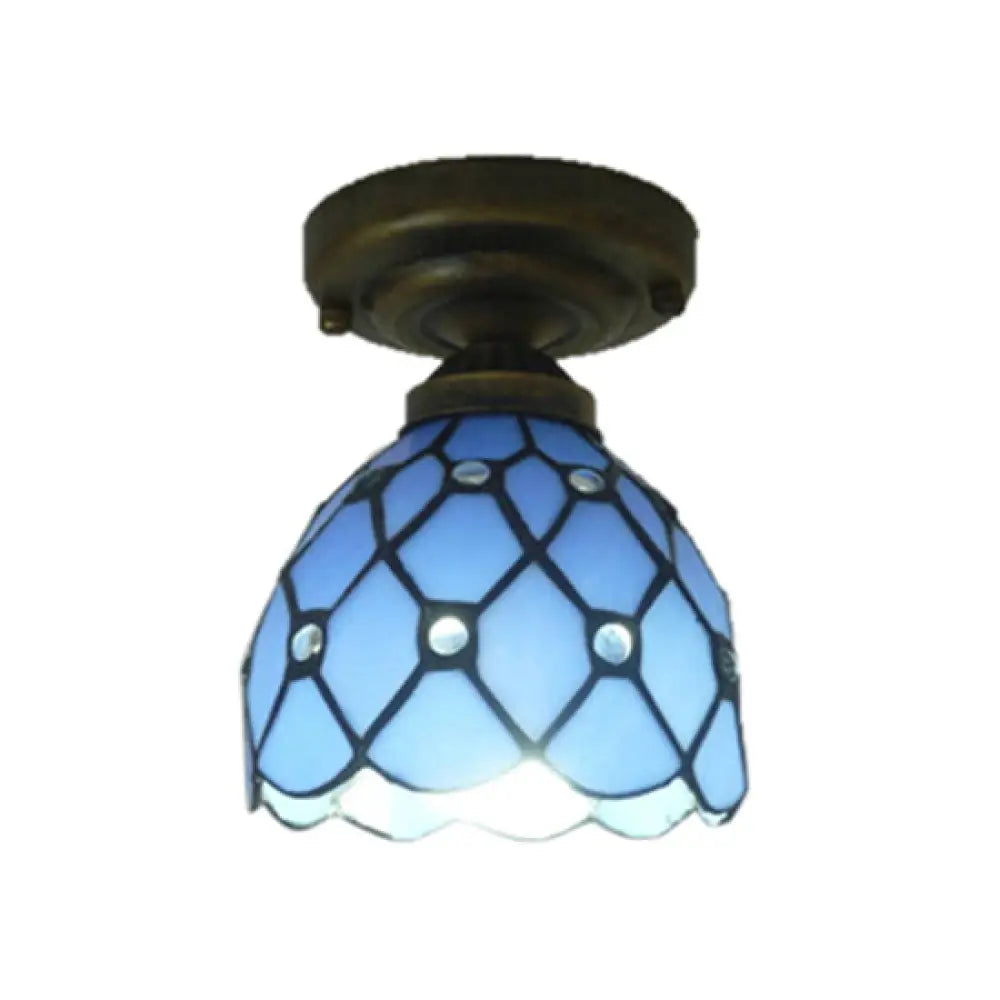Tiffany Style Blue Glass Domed Ceiling Light For Study Room - Traditional Flush Mount