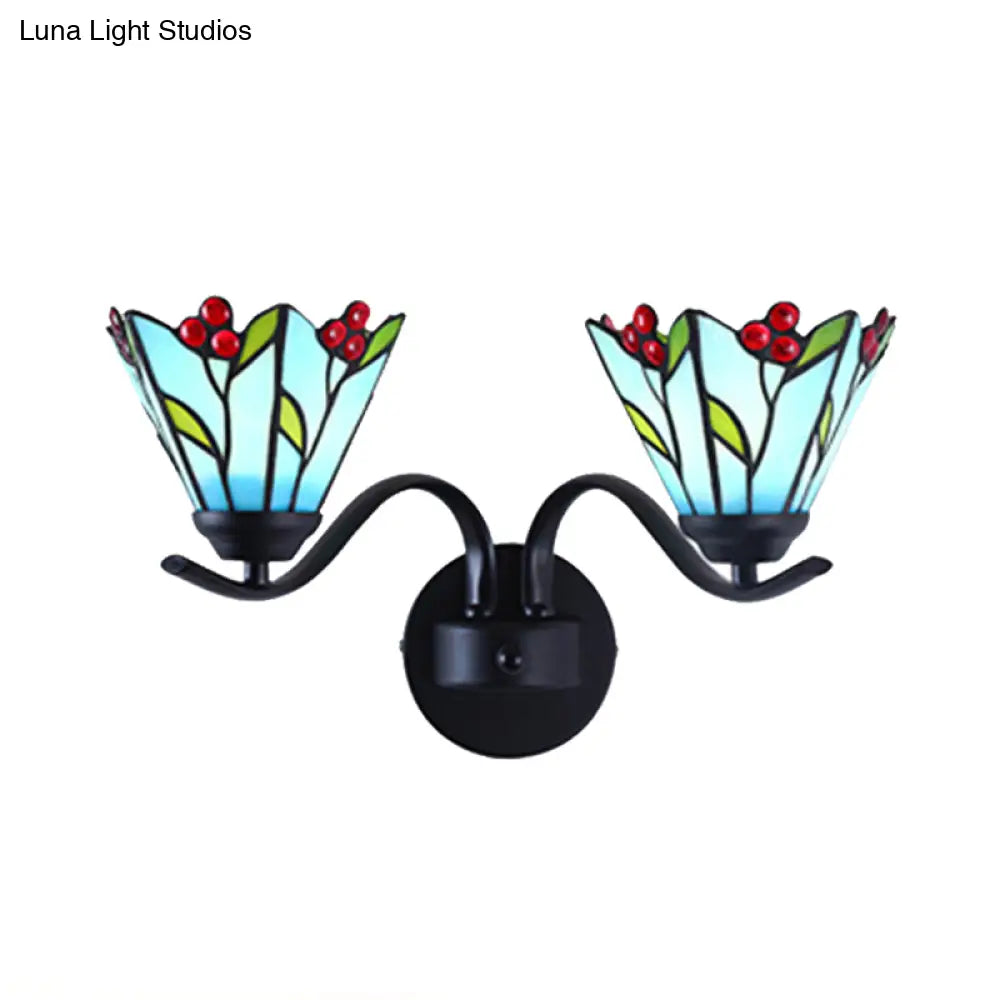 Tiffany Style Blue Glass Lily Sconce Light Fixture - 2 Head Black Wall Mounted Lamp For Corridor