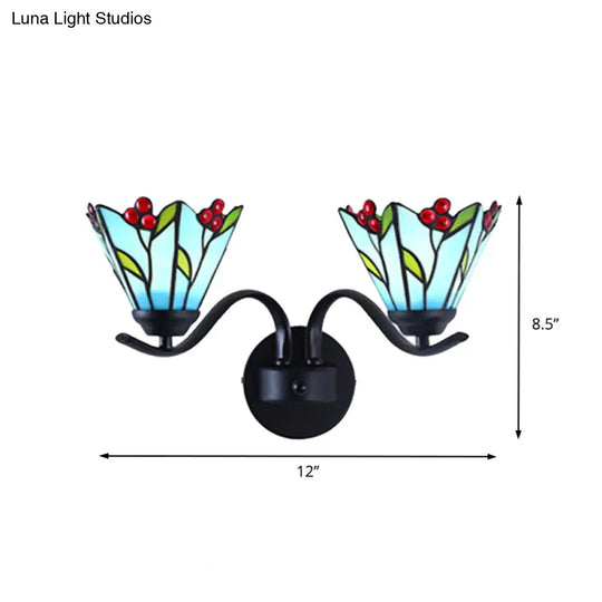 Tiffany Style Blue Glass Lily Sconce Light Fixture - 2 Head Black Wall Mounted Lamp For Corridor