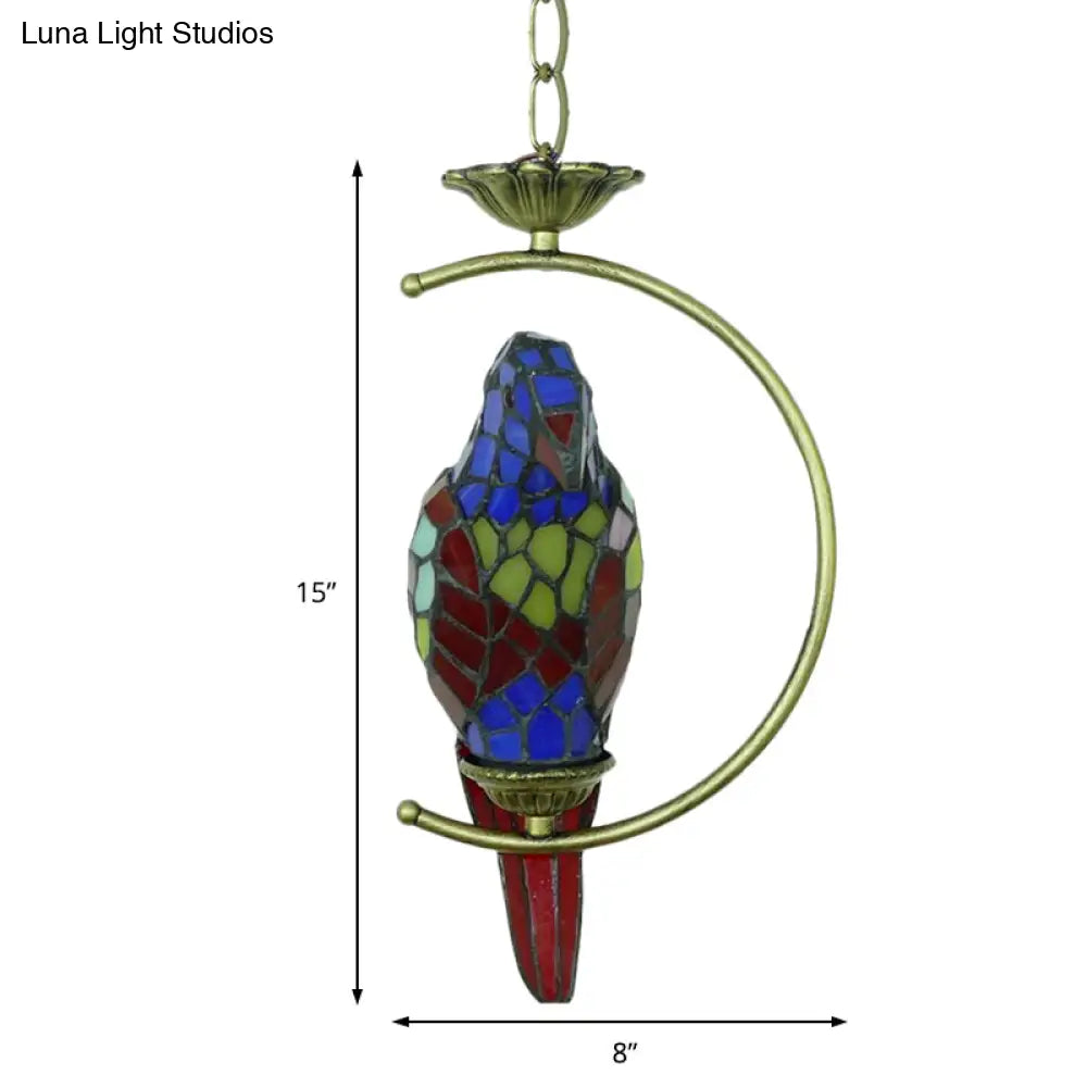 Tiffany Style Blue/Green Parrot Suspension Pendant Light - Stained Art Glass Ceiling Lamp For