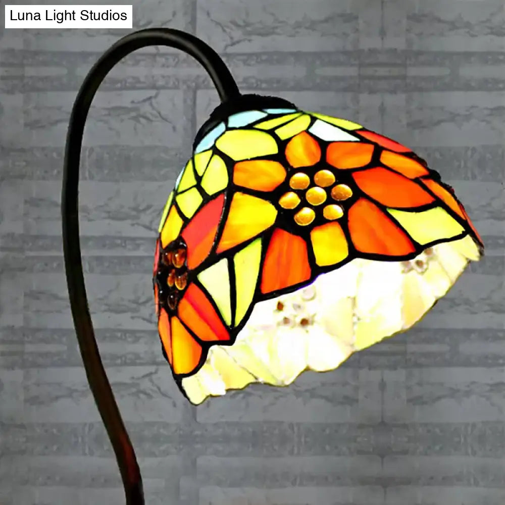 Tiffany Style Blue/Orange Table Lamp With Sunflower/Dragonfly Art Glass Pattern - 1 Light Stainless