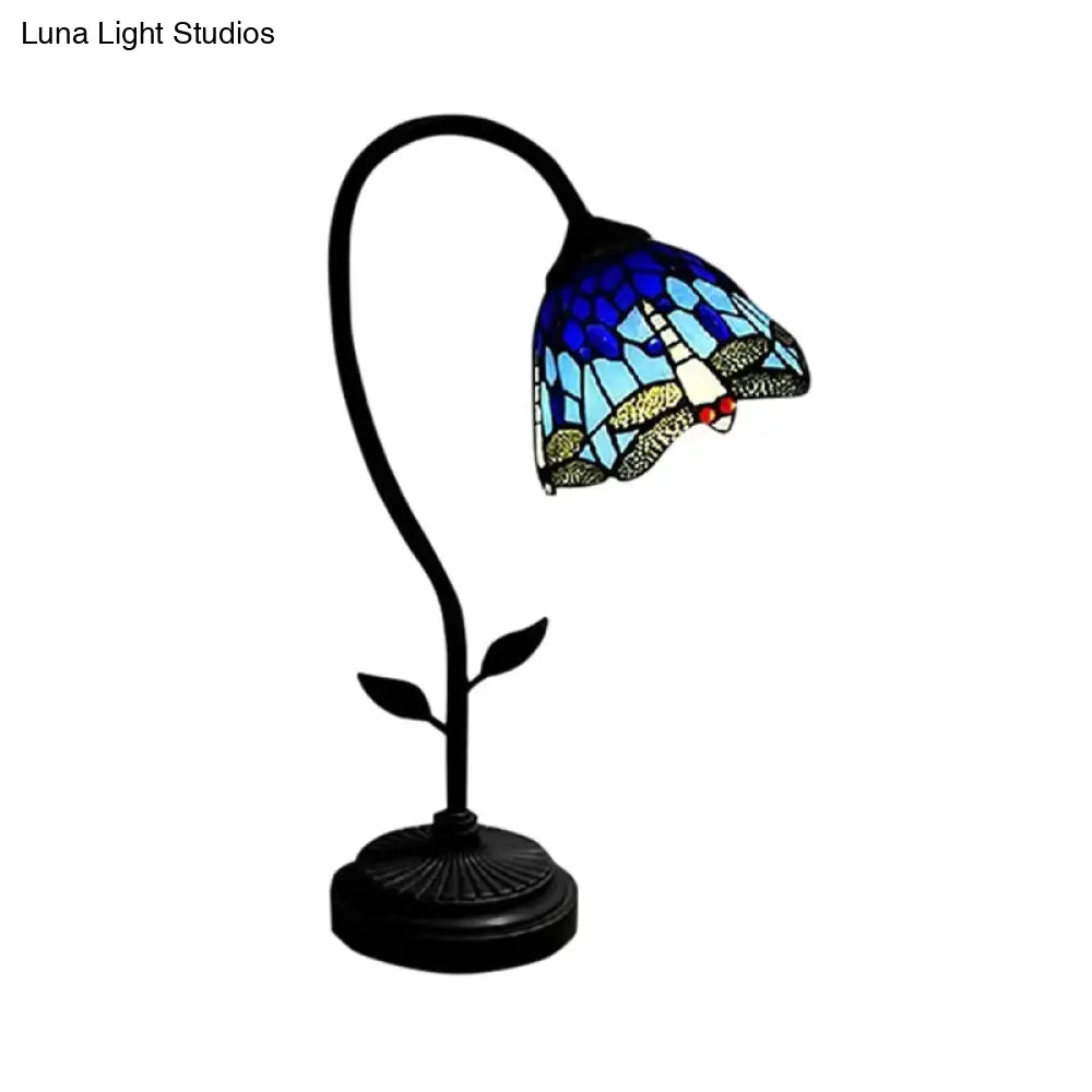 Tiffany Style Blue/Orange Table Lamp With Sunflower/Dragonfly Art Glass Pattern - 1 Light Stainless