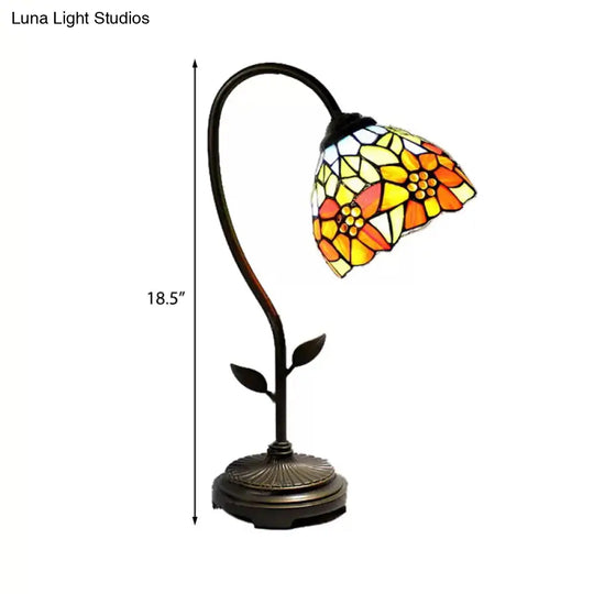 Tiffany Style Blue/Orange Table Lamp With Sunflower/Dragonfly Art Glass Pattern - 1 Light Stainless