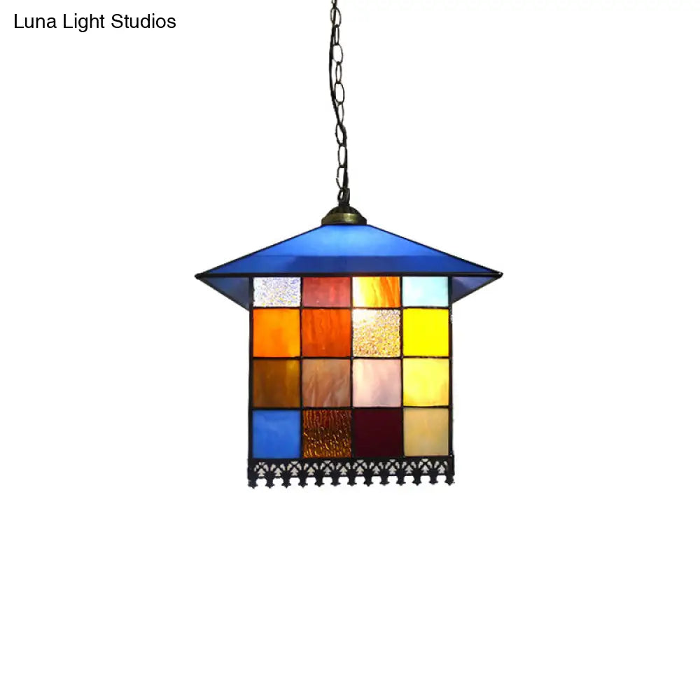 Tiffany Style Blue Pendant Light With House Stainless Glass Shade - Ideal For Hallway Décor