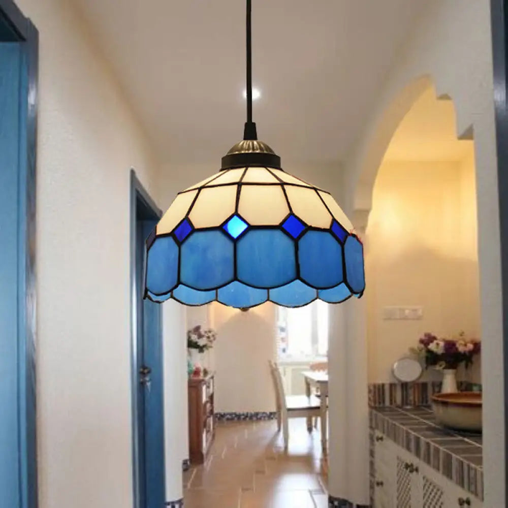 Tiffany Style Blue Scalloped Glass Pendant Light - Single-Bulb Suspension Lamp With Grid Pattern