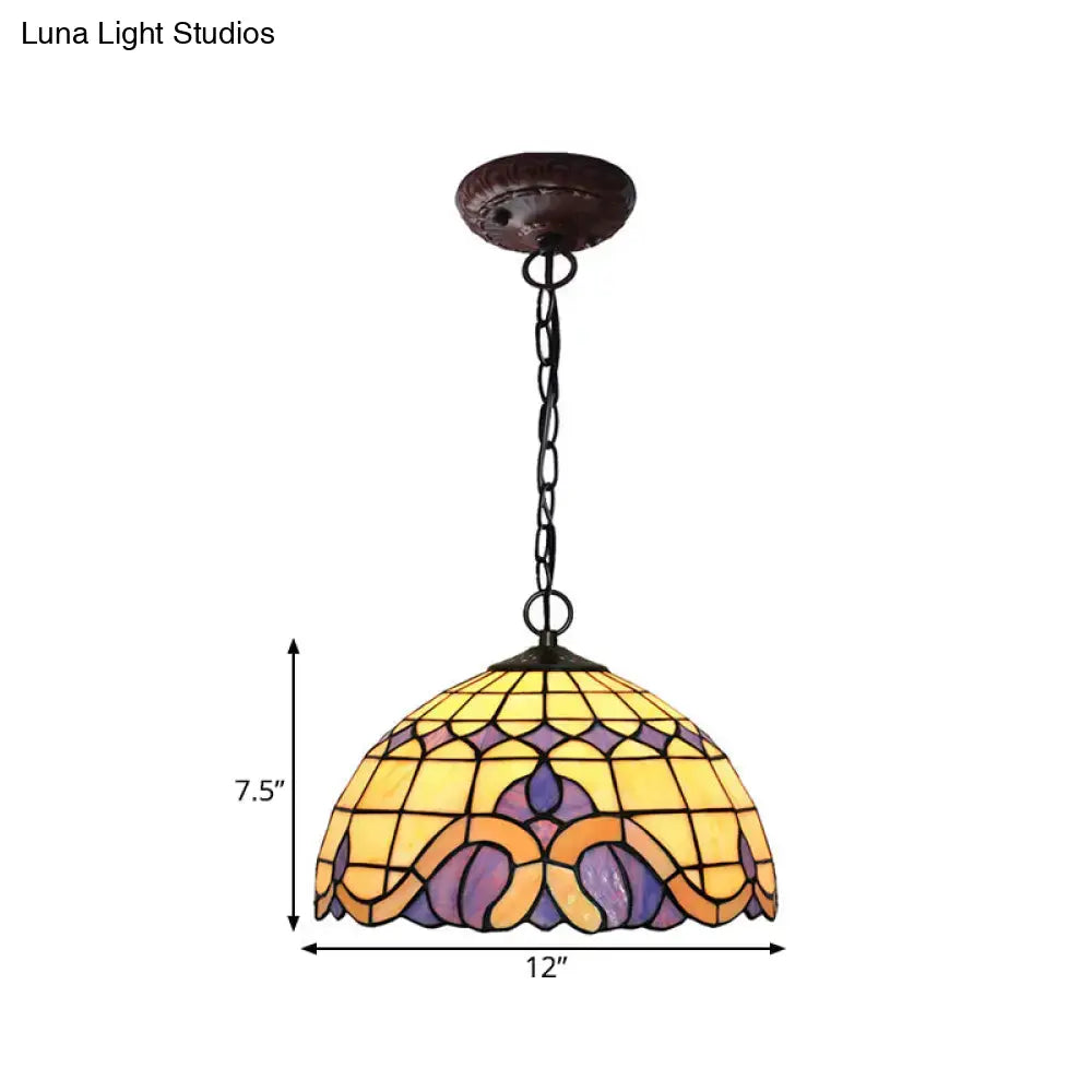 Tiffany-Style Blue Stained Glass Domed Drop Pendant - 12’/16’ Sizes Coffee Chandelier Light For