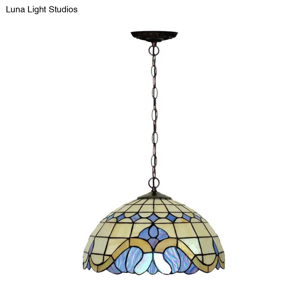 Tiffany-Style Blue Stained Glass Domed Drop Pendant - 12’/16’ Sizes Coffee Chandelier Light For