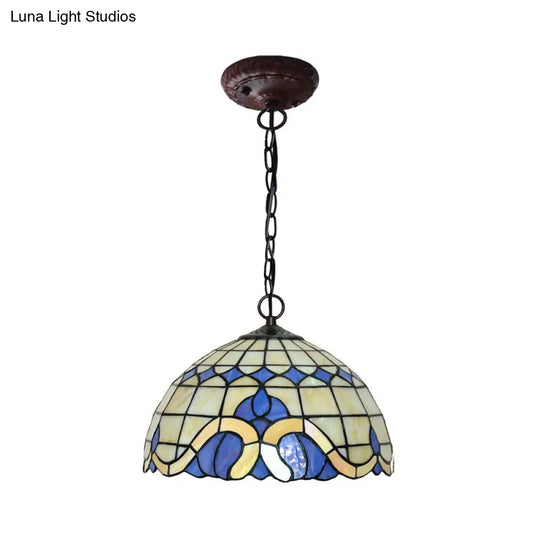 Tiffany-Style Blue Stained Glass Domed Drop Pendant Light - Coffee Chandelier For Dining Room (12/16