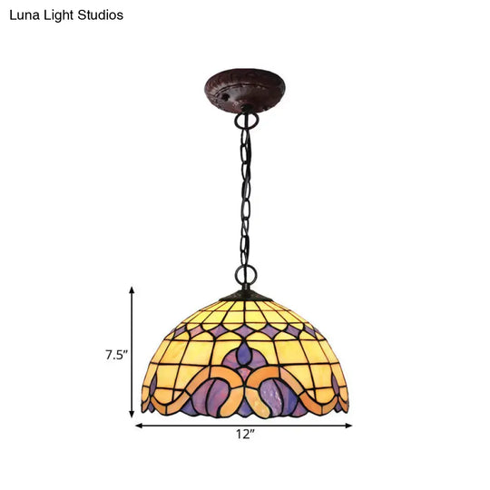 Tiffany-Style Blue Stained Glass Domed Drop Pendant Light - Coffee Chandelier For Dining Room (12/16