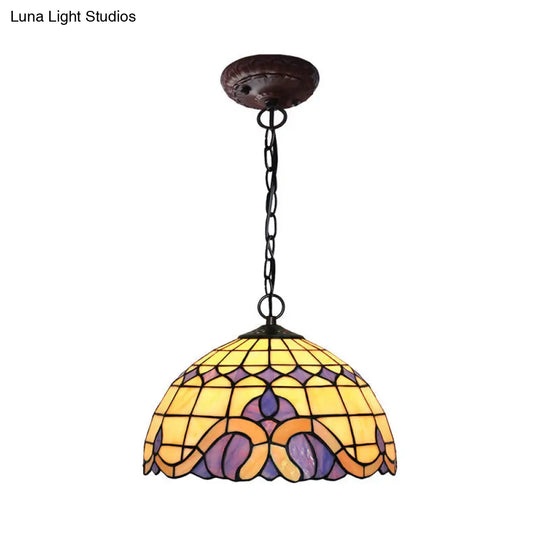 Tiffany-Style Blue Stained Glass Domed Drop Pendant Light - Coffee Chandelier For Dining Room (12/16