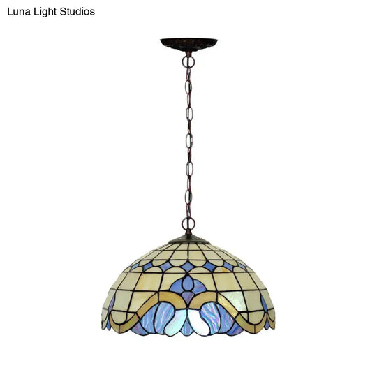 Tiffany-Style Blue Stained Glass Domed Drop Pendant Light - Coffee Chandelier For Dining Room (12/16