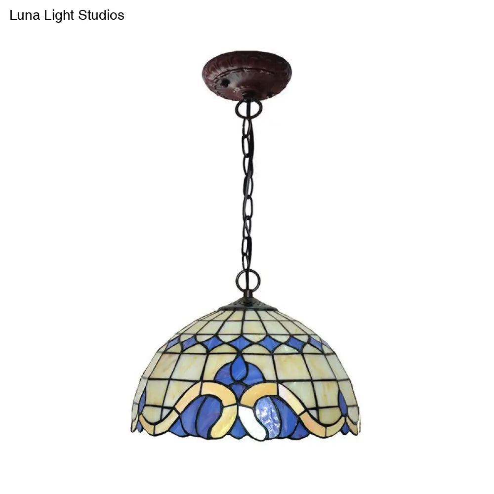 Tiffany-Style Blue Stained Glass Domed Drop Pendant Light - Coffee Chandelier For Dining Room (12/16