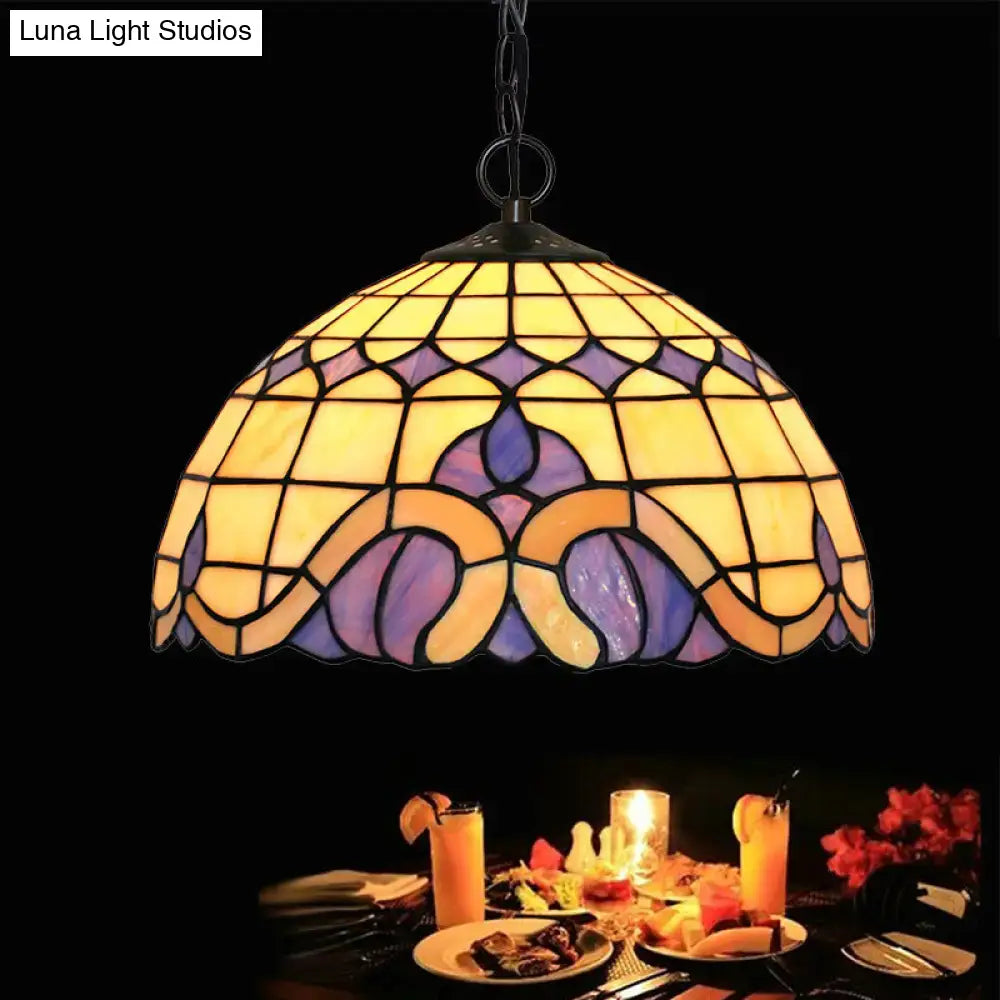 Tiffany-Style Blue Stained Glass Domed Drop Pendant - 12’/16’ Sizes Coffee Chandelier Light For