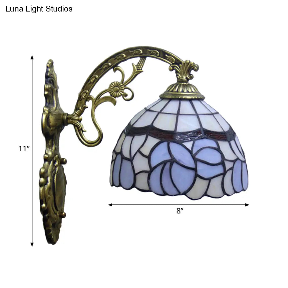 Tiffany Style Blue Stained Glass Wall Sconce With Arched Arm And Bowl Light