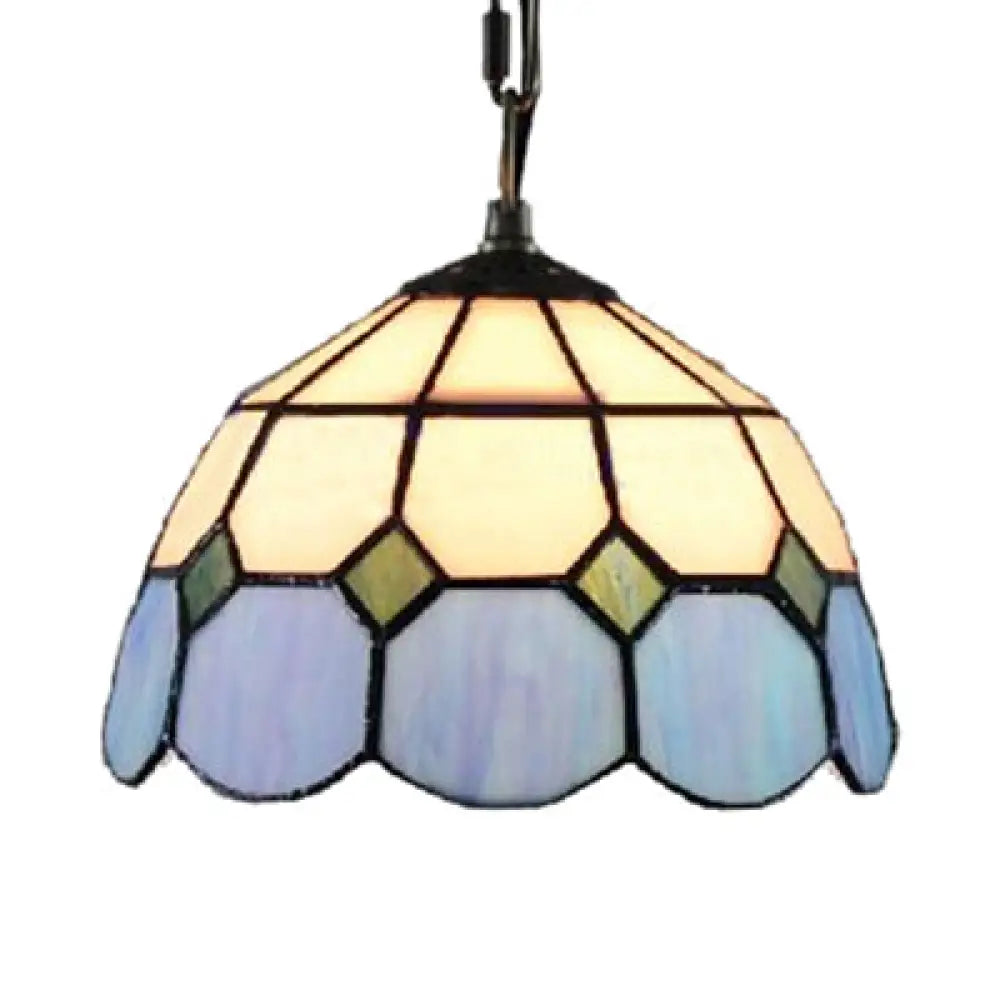 Tiffany-Style Bowl Pendant Light In Blue And White - Single Bulb Stained Glass Hanging Lamp