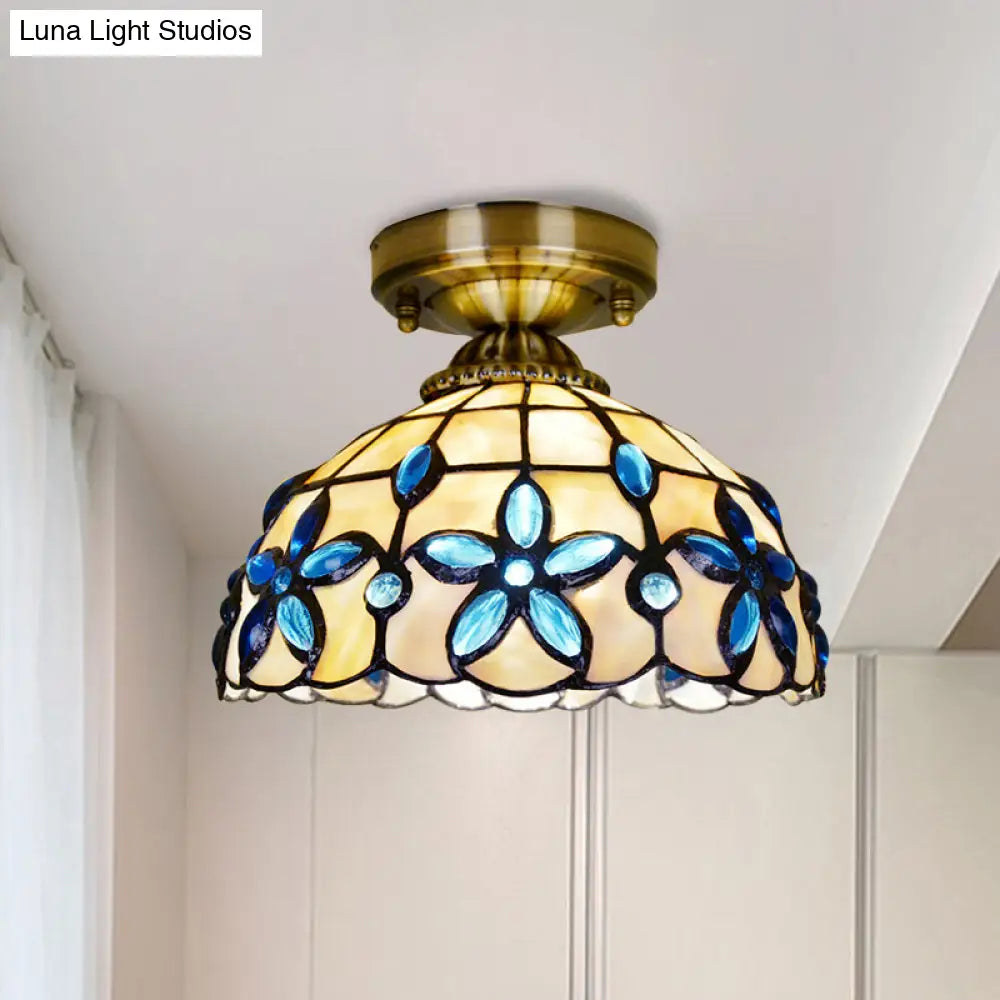 Tiffany Style Brass Dome Close To Ceiling Light - Blue Floral Jewels