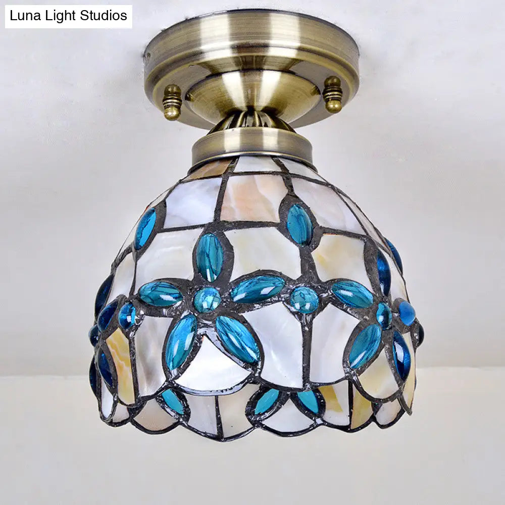 Tiffany Style Brass Dome Close To Ceiling Light - Blue Floral Jewels