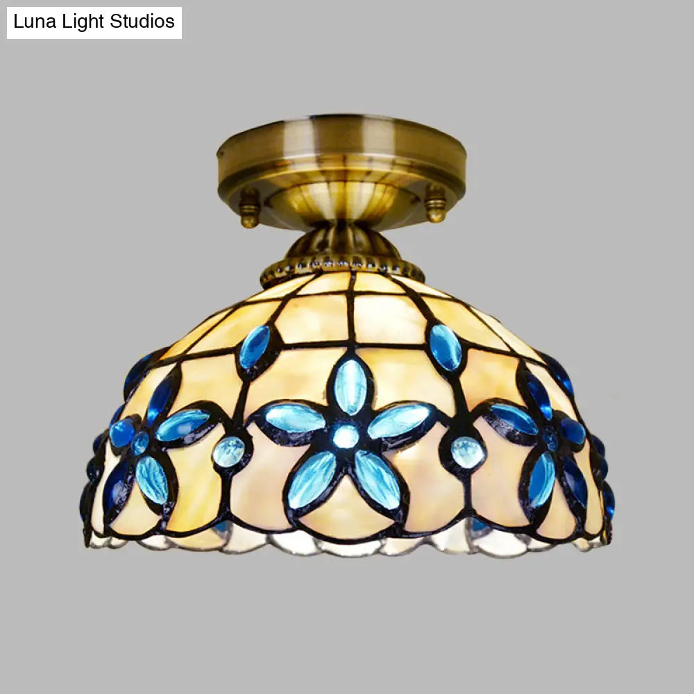 Tiffany Style Brass Dome Close To Ceiling Light - Blue Floral Jewels