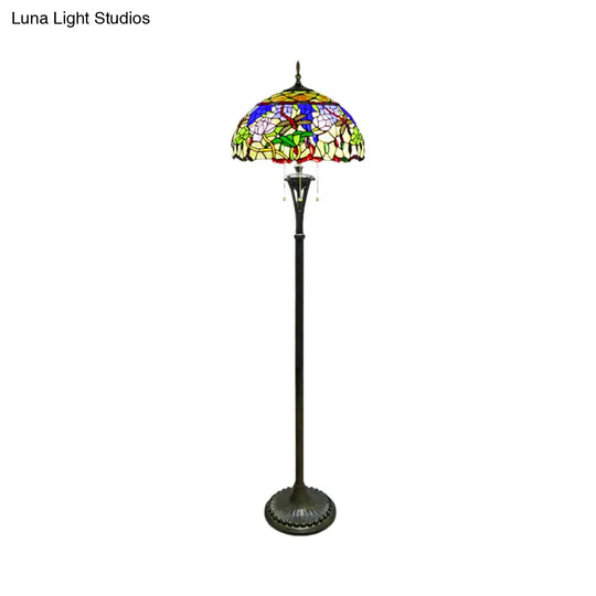 Tiffany Style Brass Floor Lamp - Domed Reading Light With Flower And Dragonfly Pattern 3-Light Cut