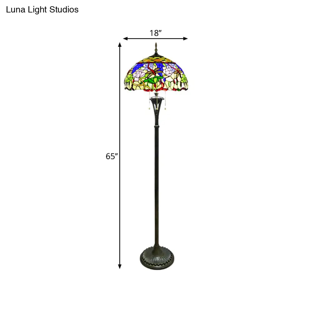 Tiffany Style Brass Floor Lamp - Domed Reading Light With Flower And Dragonfly Pattern 3-Light Cut