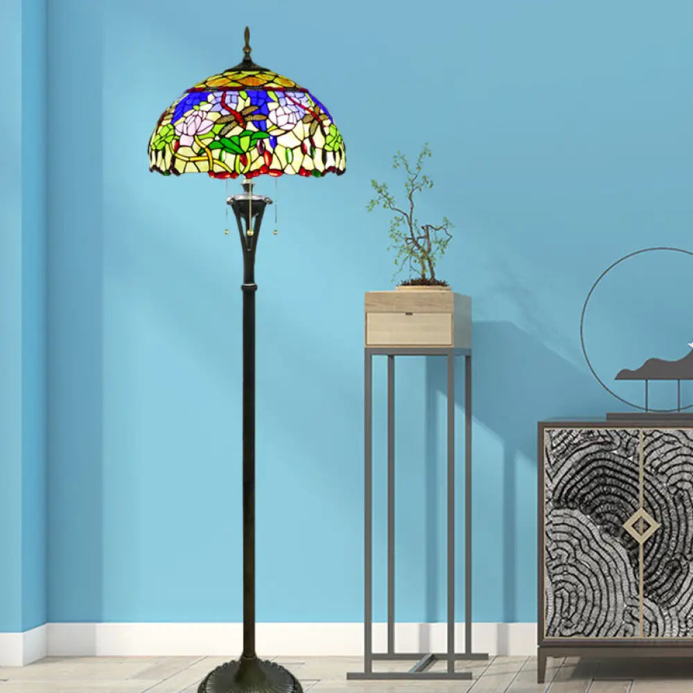 Tiffany Style Brass Floor Lamp - Domed Reading Light With Flower And Dragonfly Pattern 3-Light Cut