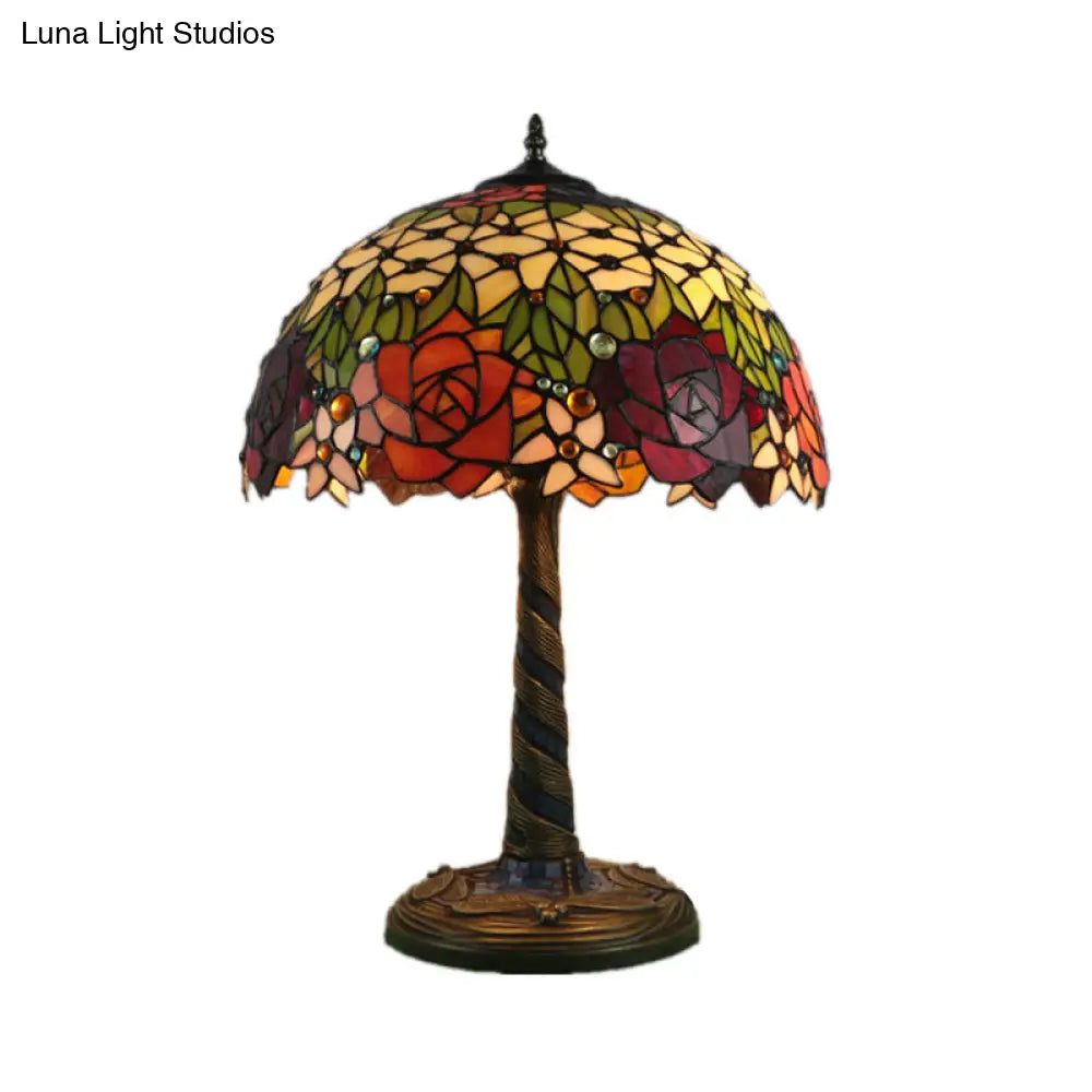 Tiffany Style Brass Stained Glass Nightstand Lamp With Flower Design - Ideal For Bedroom