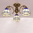 Tiffany Style Ceiling Light - Blue Stained Glass Bell Shade Semi Flush Mount Fixture With 3 Heads
