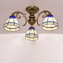 Tiffany Style Ceiling Light - Blue Stained Glass Bell Shade Semi Flush Mount Fixture With 3 Heads