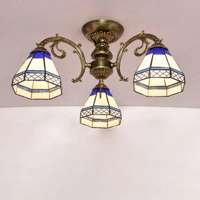 Tiffany Style Ceiling Light - Blue Stained Glass Bell Shade Semi Flush Mount Fixture With 3 Heads