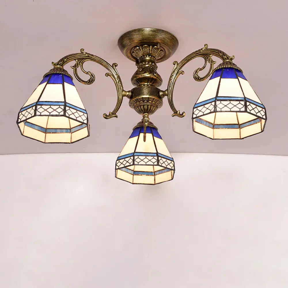 Tiffany Style Ceiling Light - Blue Stained Glass Bell Shade Semi Flush Mount Fixture With 3 Heads