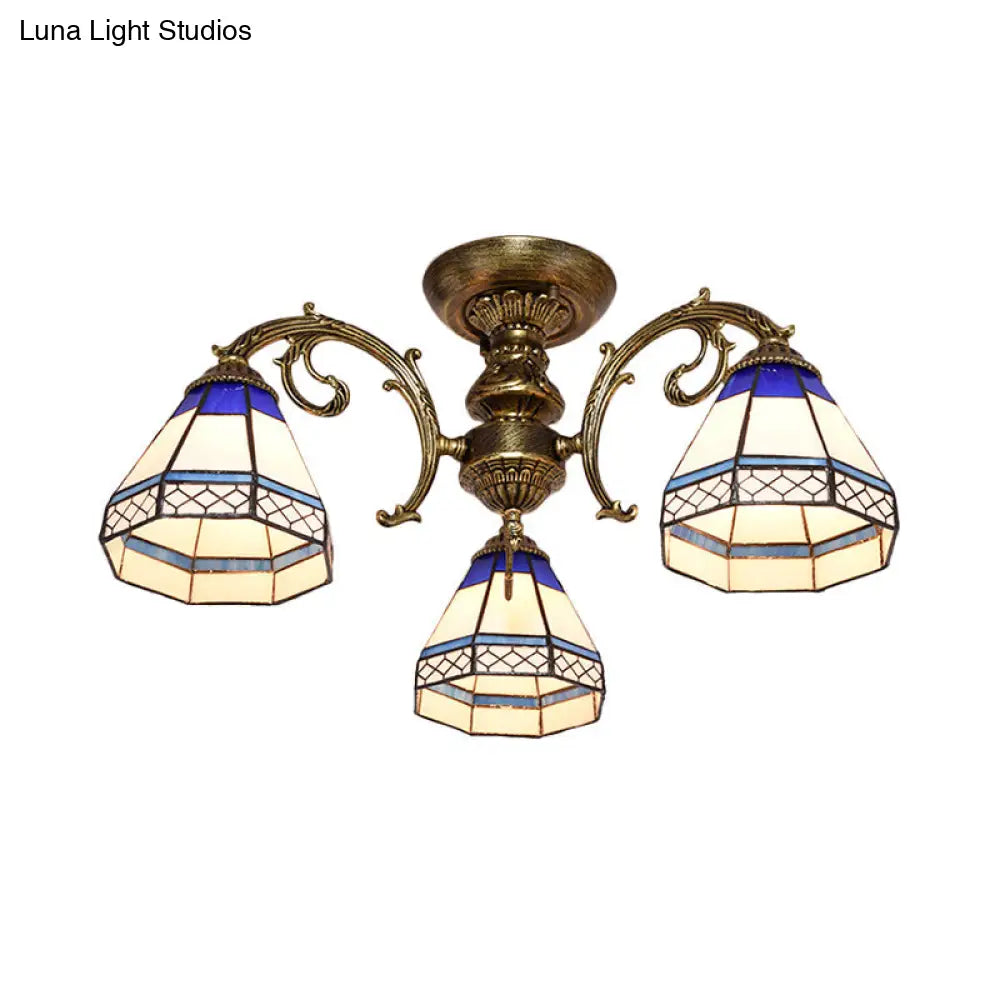 Tiffany Style Ceiling Light - Blue Stained Glass Bell Shade Semi Flush Mount Fixture With 3 Heads