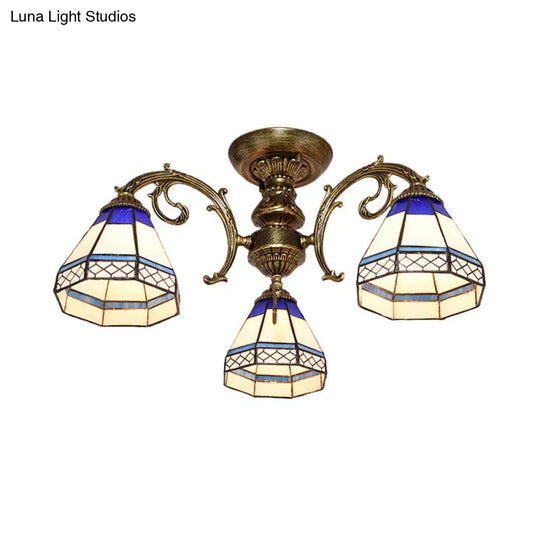 Tiffany Style Ceiling Light - Blue Stained Glass Bell Shade Semi Flush Mount Fixture With 3 Heads