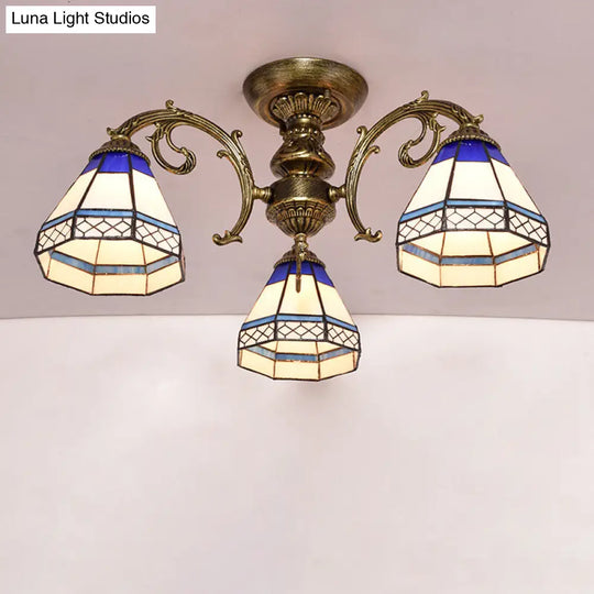 Tiffany Style Stained Glass Ceiling Light Fixture - Blue 3 Heads Bell Shade Semi Flush