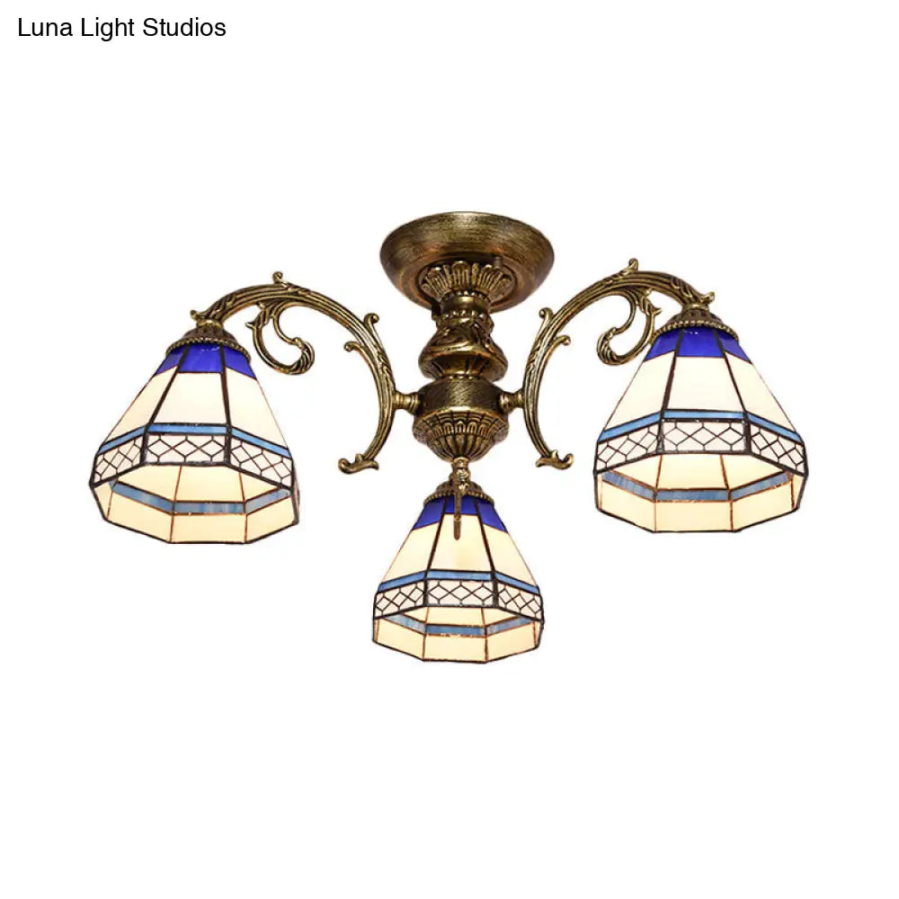 Tiffany Style Stained Glass Ceiling Light Fixture - Blue 3 Heads Bell Shade Semi Flush