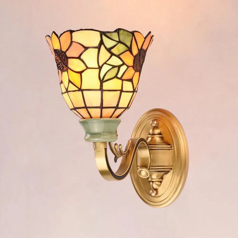 Tiffany Style Cone/Bowl/Flower Cut Glass Wall Sconce Light - 1 For Bedroom Beige/Yellow/Orange