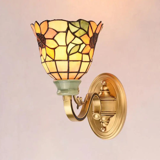 Tiffany Style Cone/Bowl/Flower Cut Glass Wall Sconce Light - 1 For Bedroom Beige/Yellow/Orange