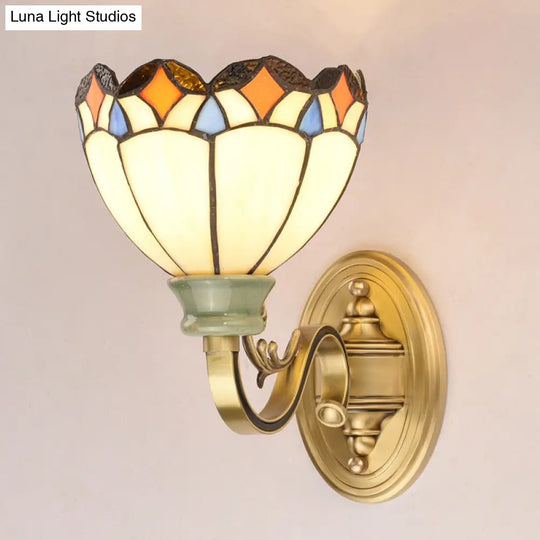 Tiffany Style Cone/Bowl/Flower Cut Glass Wall Sconce Light - 1 For Bedroom Beige/Yellow/Orange