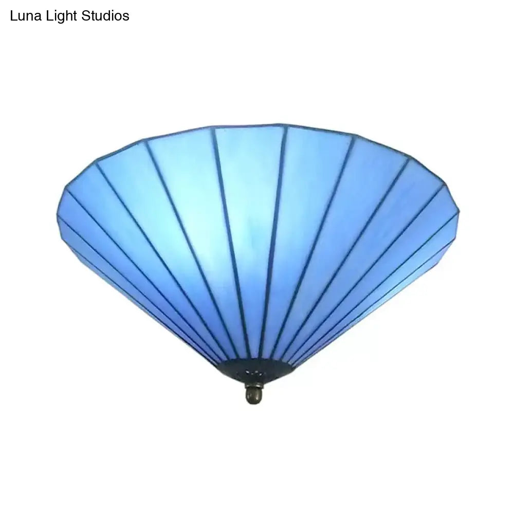 Tiffany-Style Cone Flush Mount Ceiling Light In Blue/White For Bedroom