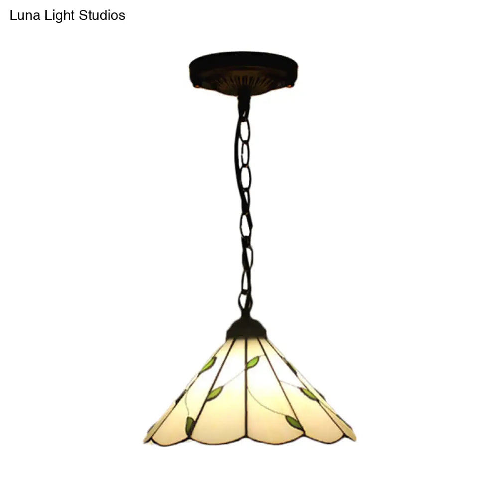 Tiffany-Style Cone Pendulum Light - Handcrafted Art Glass Suspension Lamp In Beige (6.5’/12’/16’ W)