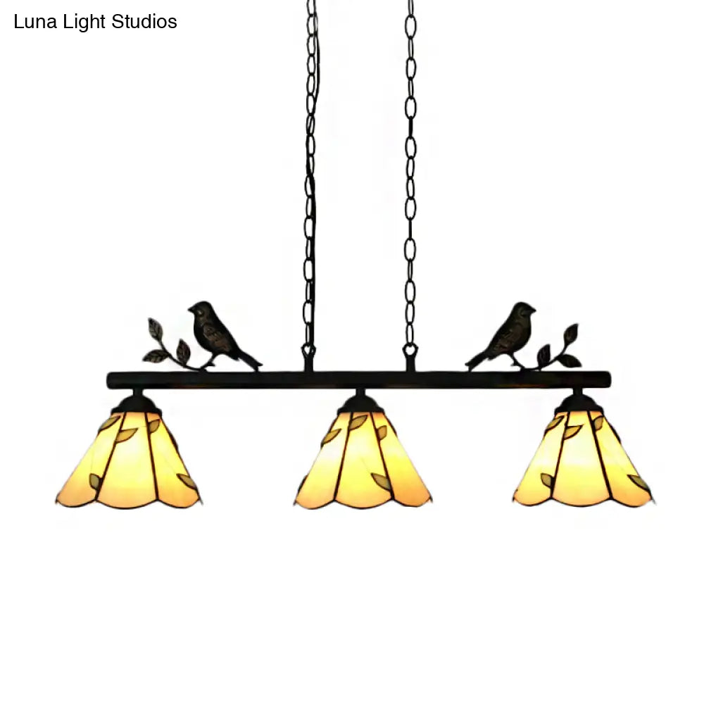 Tiffany Style Cone Stainless Glass Island Lighting: Stylish 3-Light Beige Chandelier With Bird