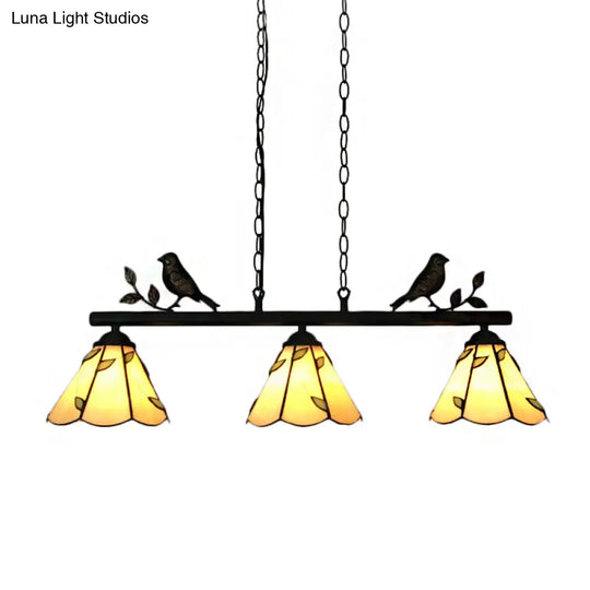 Tiffany Style Cone Stainless Glass Island Lighting: Stylish 3-Light Beige Chandelier With Bird