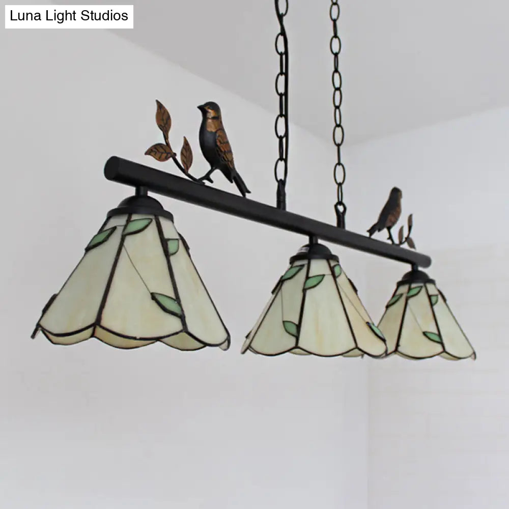 Tiffany Style Cone Stainless Glass Island Lighting: Stylish 3-Light Beige Chandelier With Bird