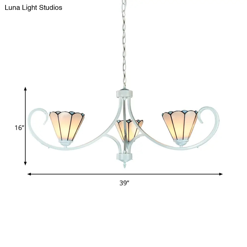 White Tiffany Glass Conical Chandelier - Curved Arm 3 Lights Hanging Ceiling Light